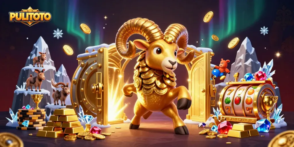 PULITOTO jackpot scene with a golden ram charging through coins and treasures.