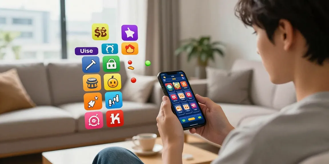 Pengguna aktif melakukan ratutogel login di smartphone, dikelilingi ikon permainan togel dan slot.