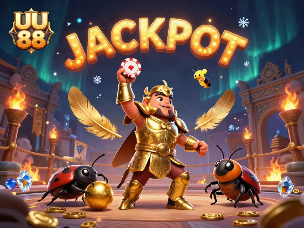 UU 88 beetle champions celebrating a jackpot in a vibrant casino arena with dynamic elements