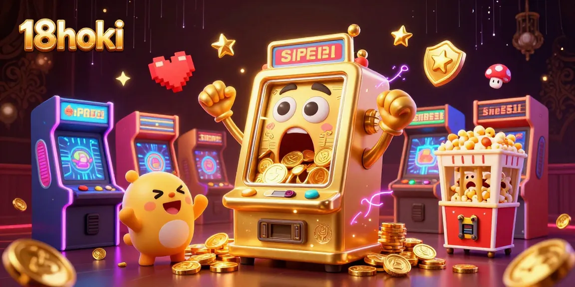 18hoki slot machine celebrating a jackpot win amidst colorful arcade elements and glow effects.