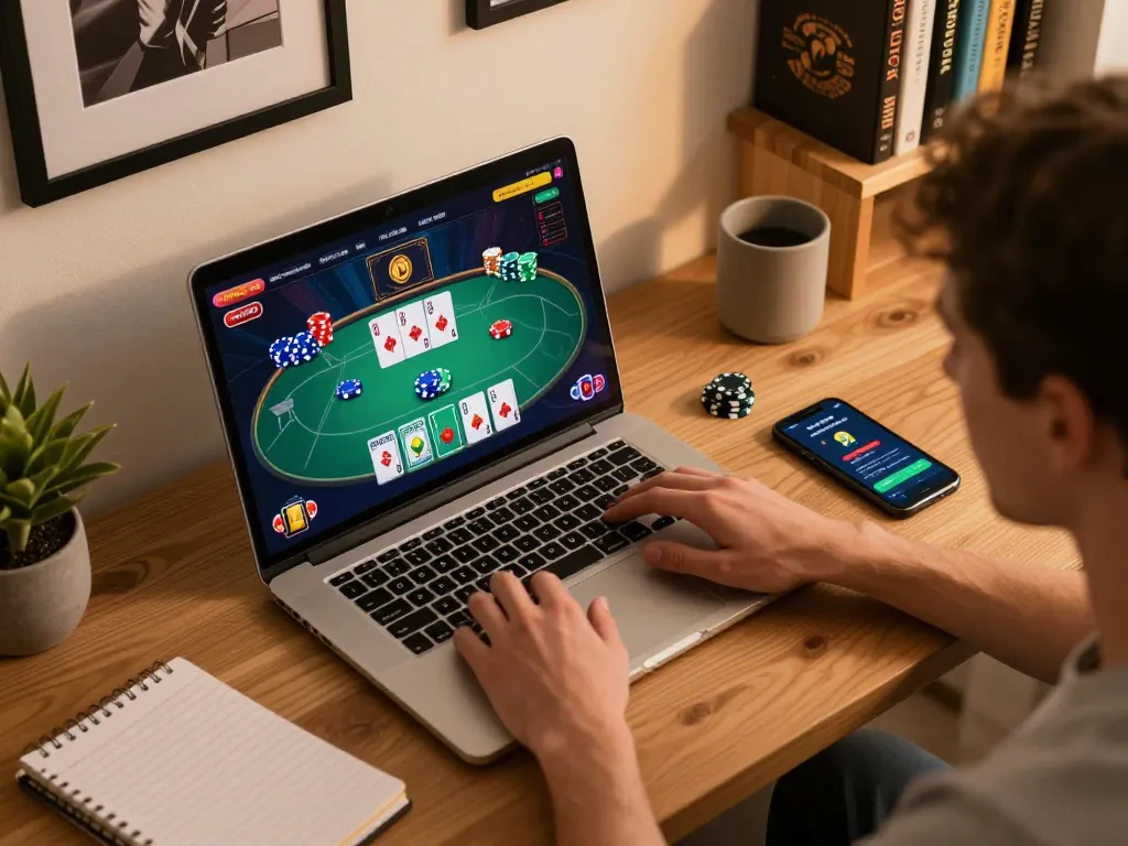 Engaging in khuyến mãi 789win during online poker gameplay, showcasing strategy and excitement in a cozy home setup.