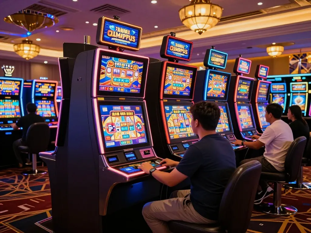 Engaging with slot olympus machines at a vibrant casino, players immersed in excitement.