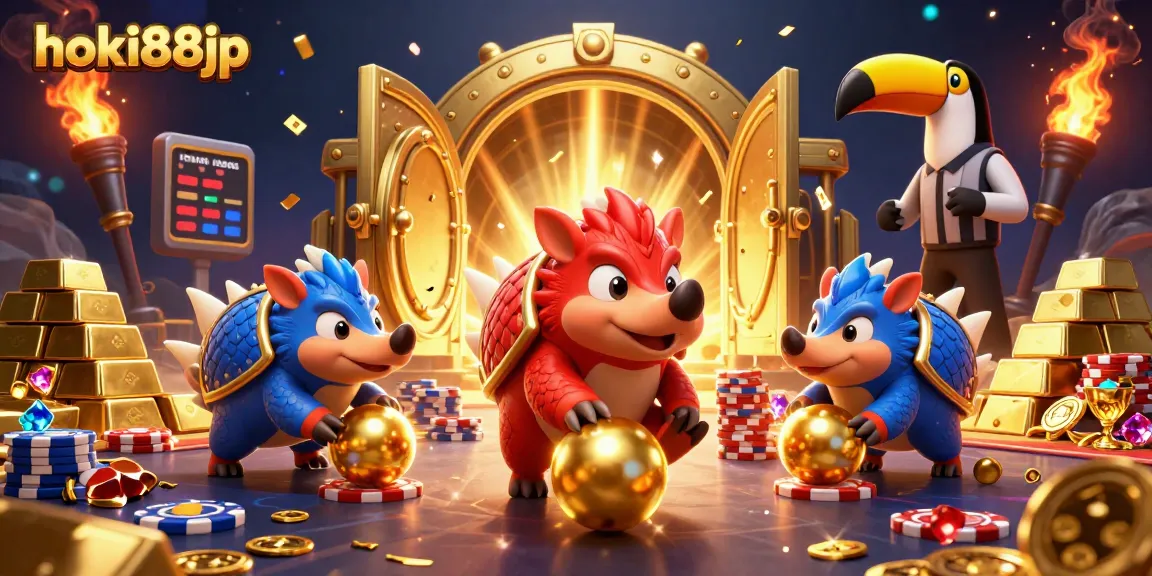 Permainan hoki88jp yang seru dengan pangolin menembak bola emas di antara tumpukan cip poker.