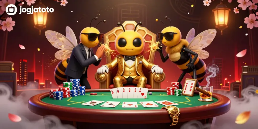 Experience jogjatoto's thrilling casino scene with vibrant poker elements in a 3D illustration.