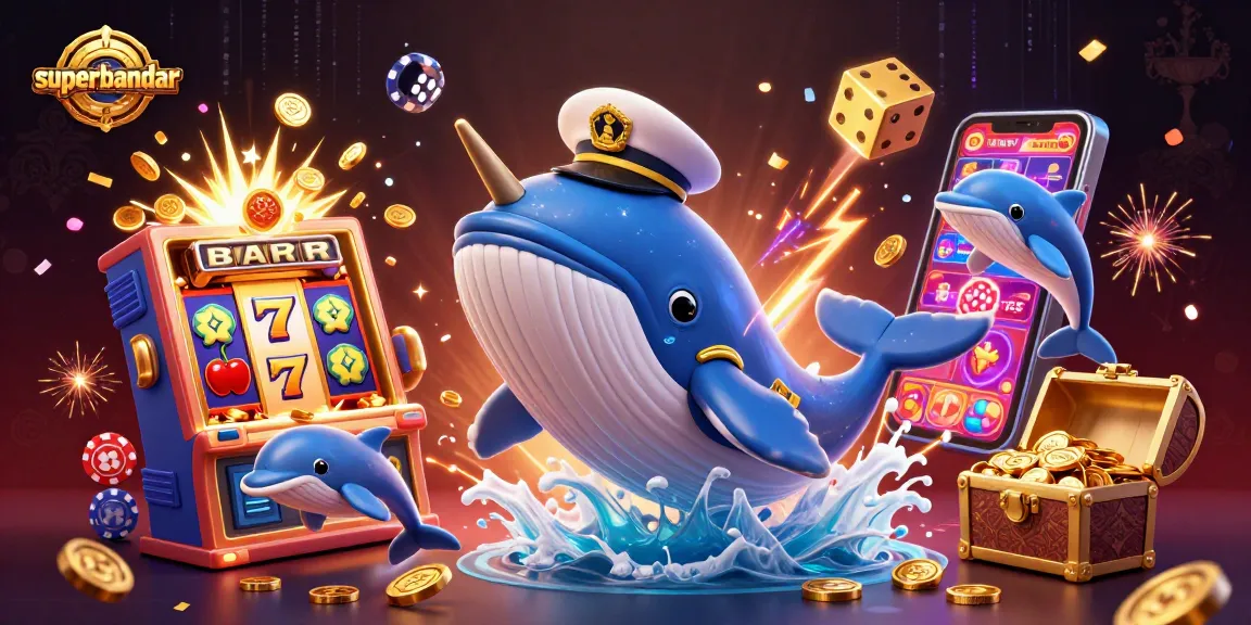 Superbandar menampilkan paus kartun raksasa dan lumba-lumba bermain chip poker di lautan koin.