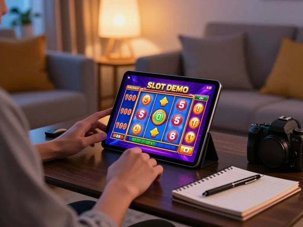 Engaging in a Slot Demo on a tablet in a cozy living room, highlighting online gaming strategies.