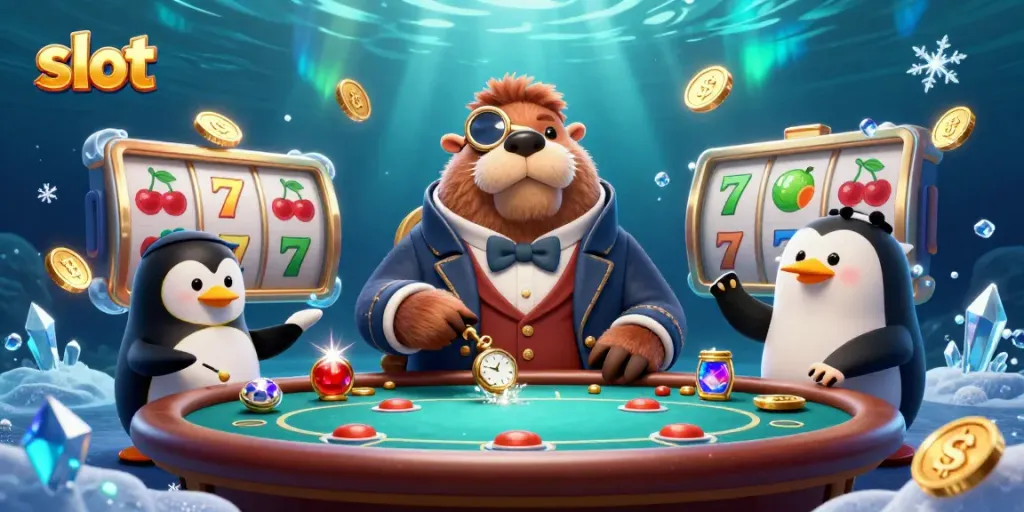 Permainan slot memukau dengan walrus jolly dan dealer penguin di meja poker bawah laut.