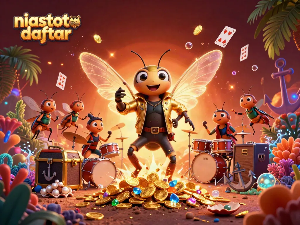 Gambar promosi niastoto daftar menampilkan cicada rock star di kasino dengan elemen permainan yang menarik.