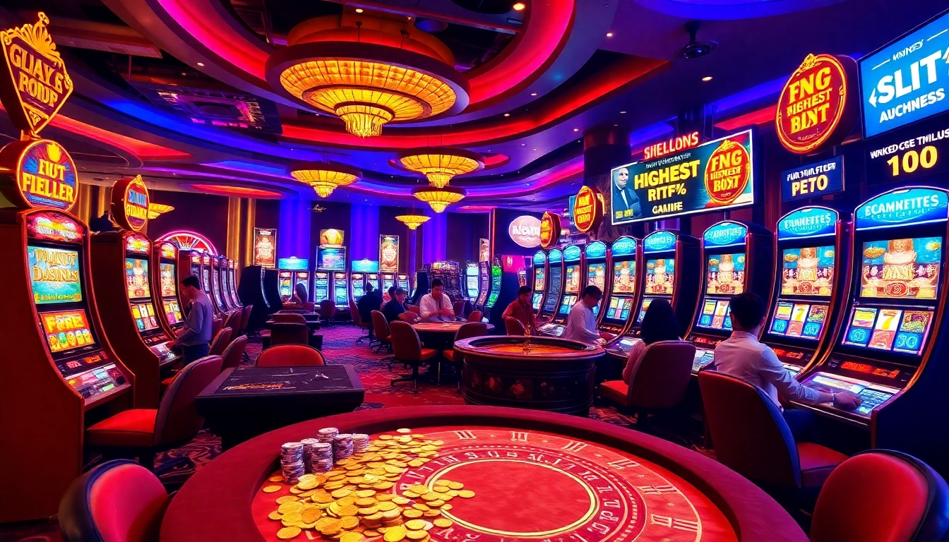 Players celebrate wins at a situs slot gacor, showcasing exciting casino action with vibrant slot machines.