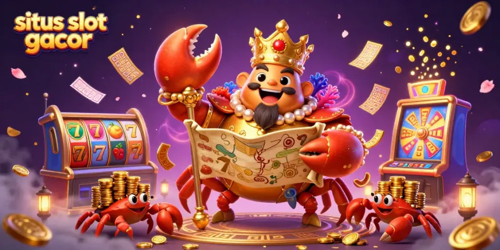 Slot gacor situs tersebut menampilkan kepiting emas yang megah membawa peta harta dan scepter di tengah hiasan permainan slot yang berwarna.