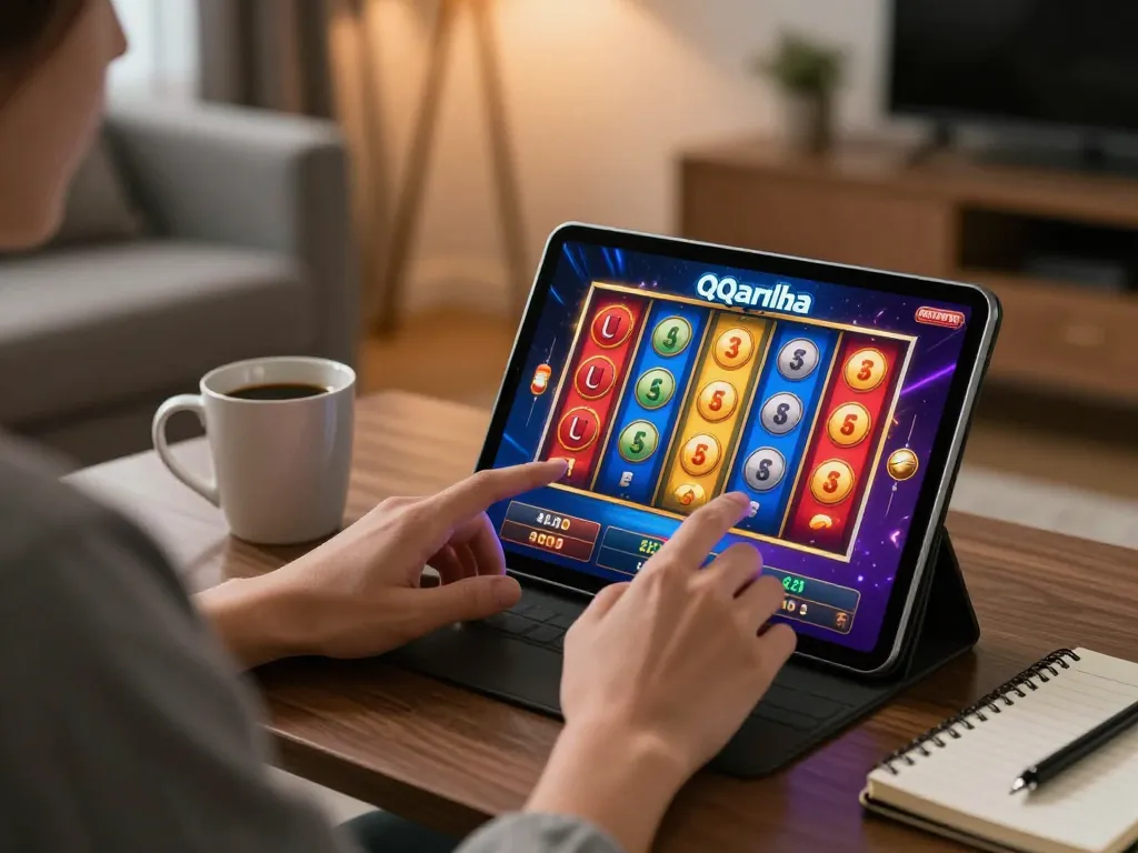 Engaging gameplay on qqalfa slot with vibrant screen in cozy home setting