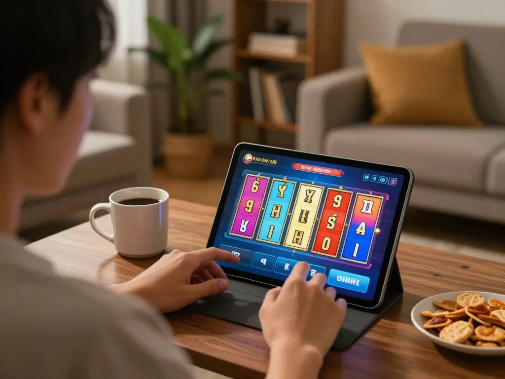 Engaging gameplay of game nổ hũ on a tablet with vibrant reels and cozy living space.
