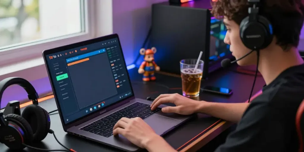 Pengguna aktif di platform taruhan Toto online Cirebontoto, dengan laptop dan smartphone, suasana gaming yang dinamis.