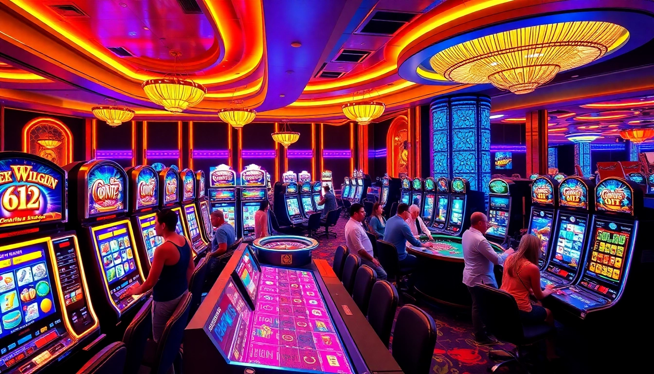 Experience the thrill of the onicplay login with vibrant slot machines and excited gamblers.