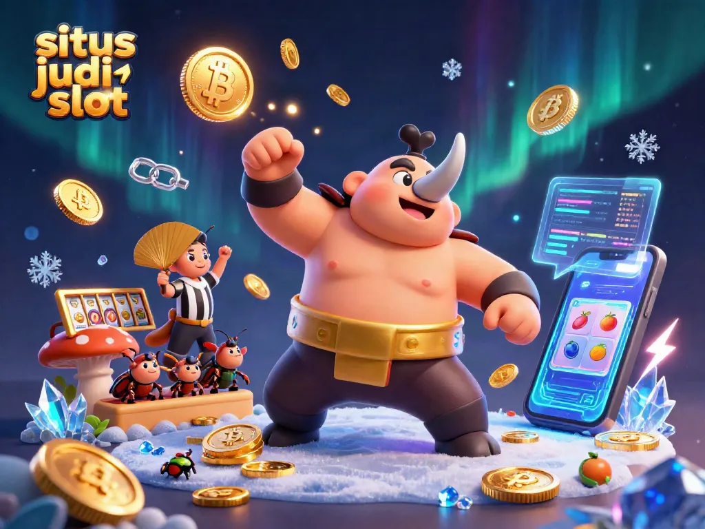 Situs judi slot scene featuring a rhinoceros beetle champion stomping gold coins while a referee cricket cheers, vibrant casino elements surround them.