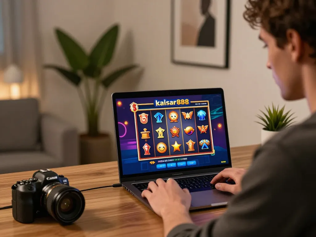 Engage with kaisar888 slot in an elegant home setup, showcasing online gaming excitement.