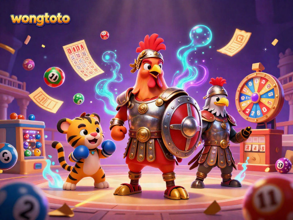Witness the excitement of wongtoto in a dynamic 3D casino scene with colorful lottery elements.