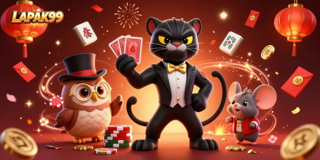 LAPAK99 showcase featuring a stylish panther dealing cards, vibrant casino atmosphere, and festive elements.
