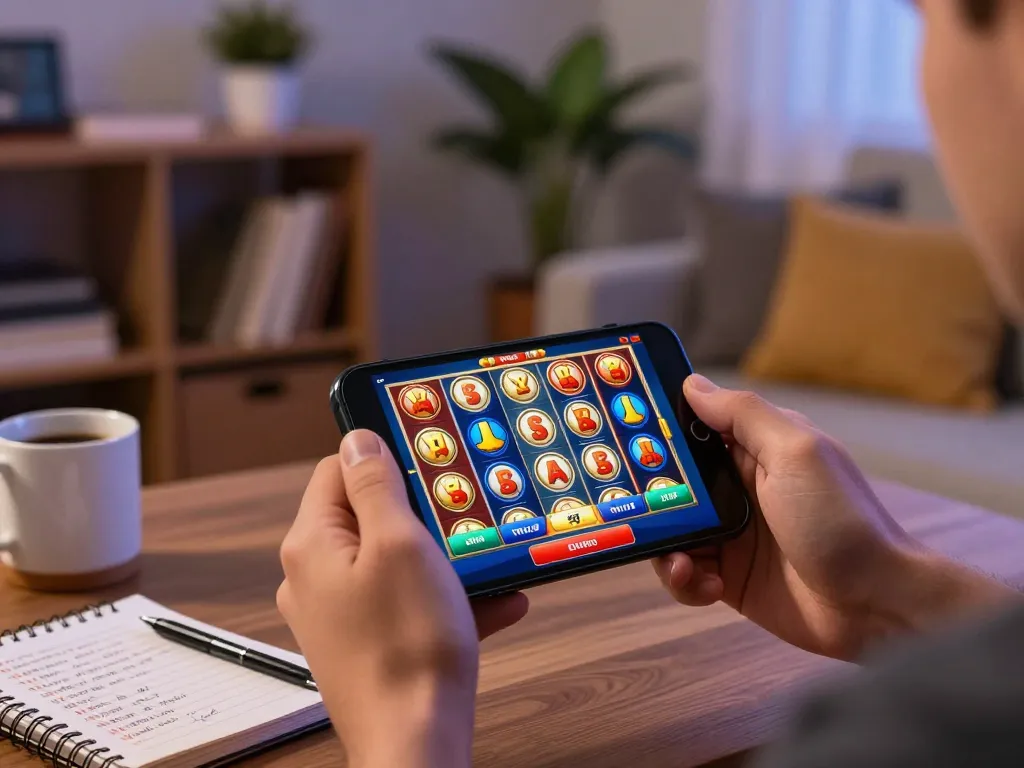 Situs slot gaming experience on a smartphone in a cozy home setting with strategic notes