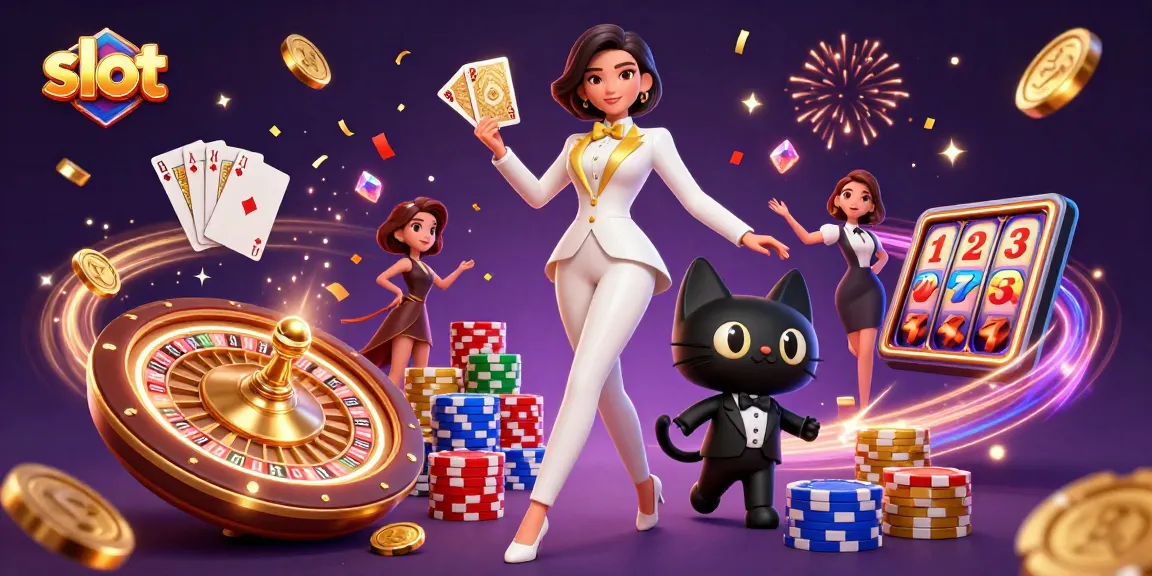 Experience thrilling slot action with a glamorous woman and a tuxedoed cat amidst colorful casino elements.
