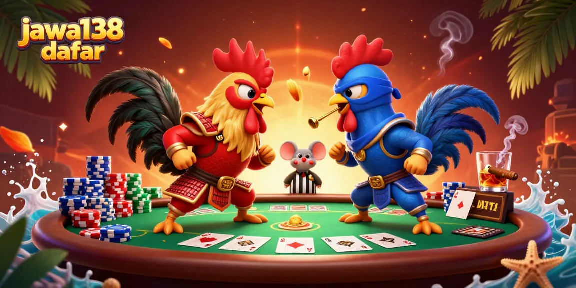 Memperkenalkan jawa138 daftar, ilustrasi dua ayam petarung 3D dalam standoff dramatis di arena judi.