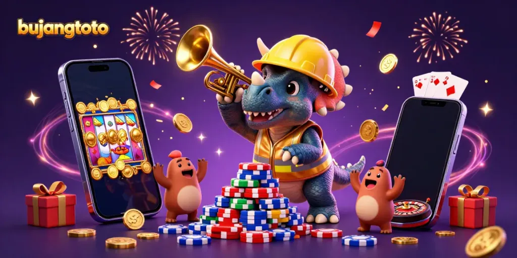 Bujangtoto slot celebration with a triceratops and poker chips in a festive scene.