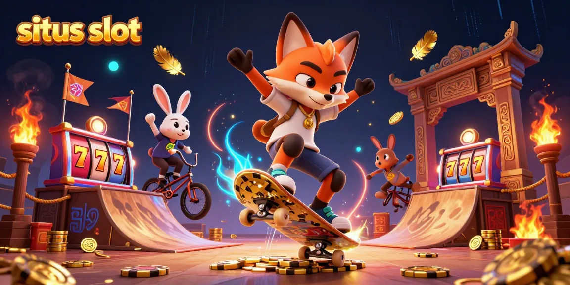 Experience thrilling situs slot action with a skateboarder fox and BMX rabbit in an exciting casino scene.