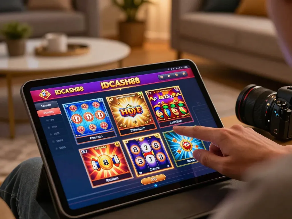 IDCASH88 Daftar with player enjoying vibrant online slot games on a tablet in a cozy home setting