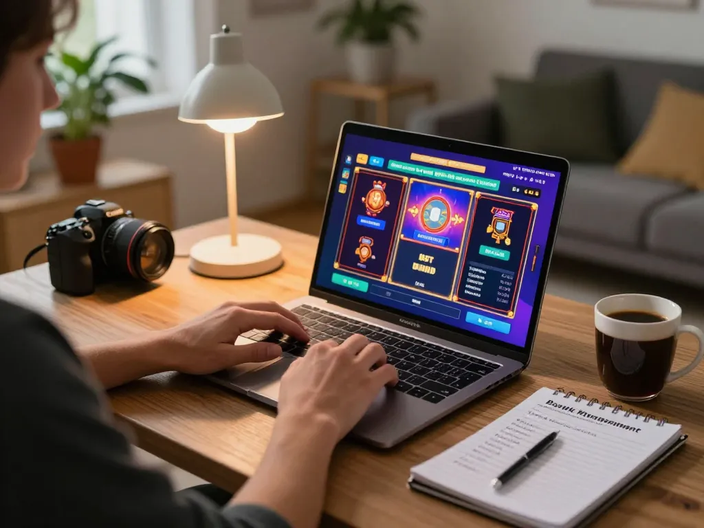 PULSASLOT engaging in online casino gaming, showcasing vibrant slot game interface and comfortable setup