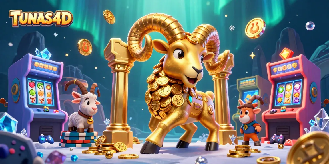 TUNAS4D showcases thrilling gameplay with golden ram charging through vibrant slot machines.