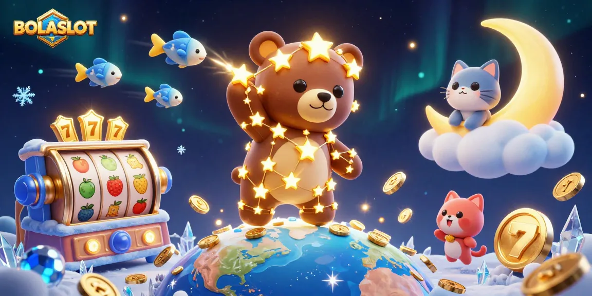 Engage in BOLASLOT excitement with a constellation bear and jackpot elements in a vibrant scene.