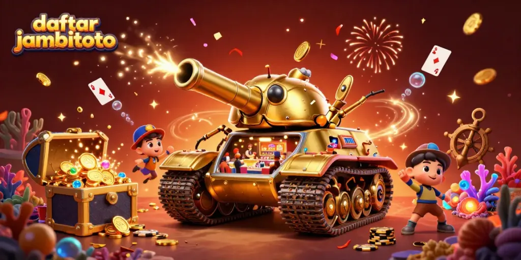 Engage with daftar jambitoto in a vibrant 3D casino scene featuring a golden tank and dynamic game elements.