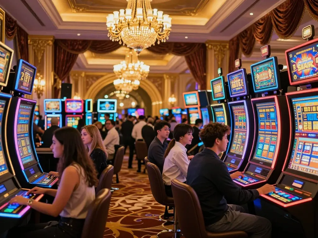 Aksi login DASI4D di lobi kasino glamor dengan pemain yang terlibat dalam mesin slot.