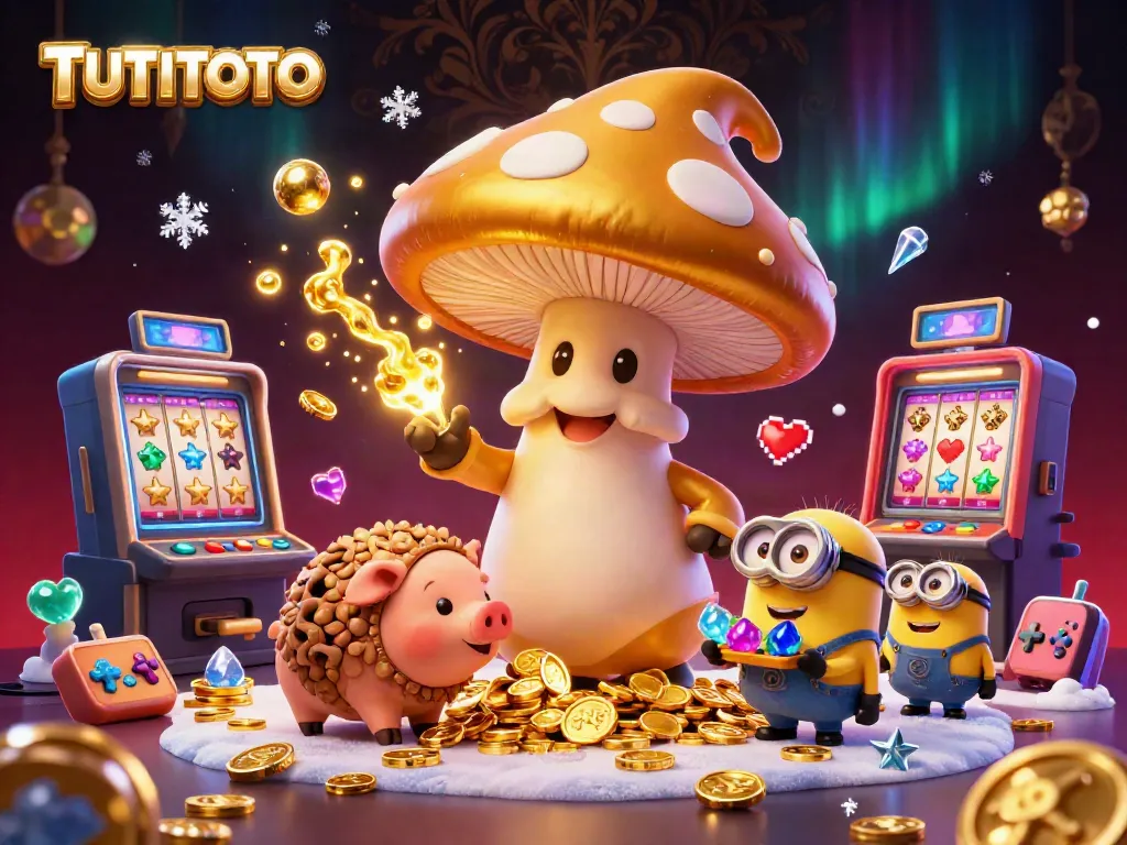 TUTITOTO's magical casino scene with a golden wizard and treasure-hunting pig surrounded by vibrant slot machines.