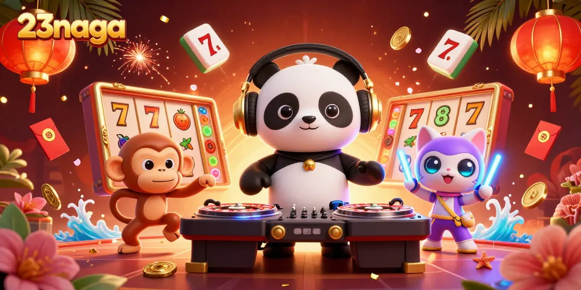 23naga mempersembahkan ilustrasi kasino hidup dengan DJ panda, monyet, dan kucing berperang glow-stick di latar belakang yang penuh warna.