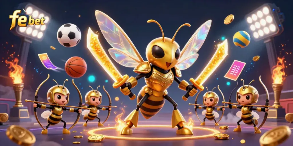 Experience thrilling moments with fe bet, illustrated by dynamic sports elements and a heroic hornet in action.