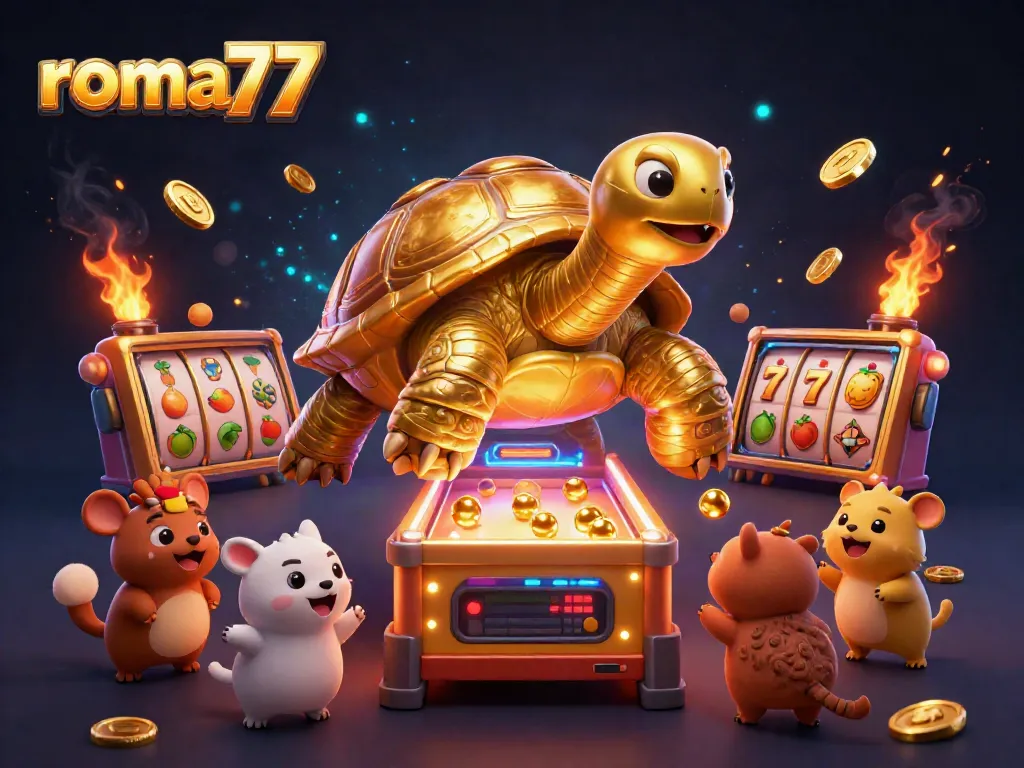 Menangkan permainan slot di roma77 dengan tortoise emas dan banyak simbol slot berkilau.