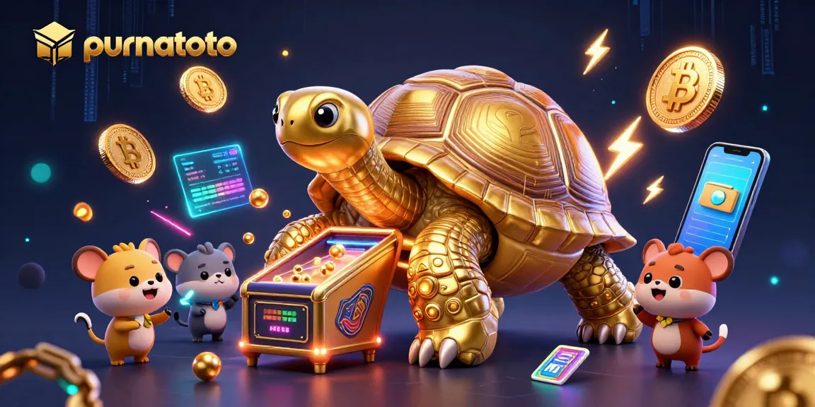 Permainan slot menarik di purnatoto dengan kura-kura keemasan dan elemen kripto yang cerah.