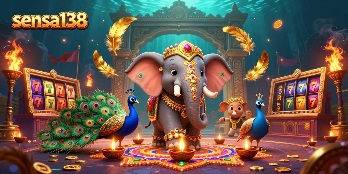Sensa138 showcases vibrant slot reels and golden decorations in a festive 3D gaming atmosphere.