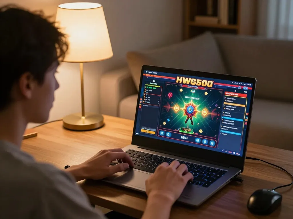 Berinteraksi dengan permainan slot online HWG500 di suasana rumah yang nyaman, menyoroti kegembiraan pengguna.