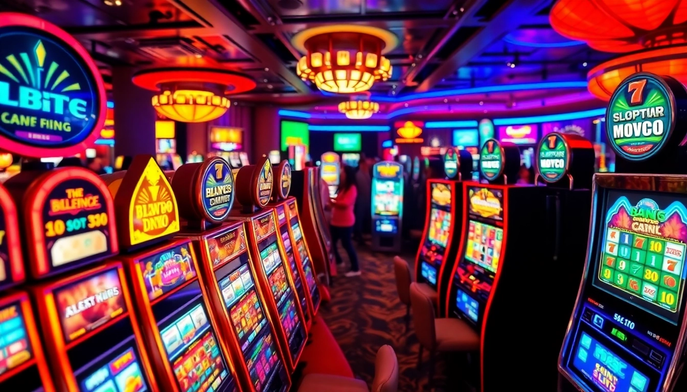 Engage with an array of vibrant slot machines in an exciting casino atmosphere.
