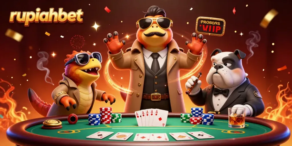 Engage with the vibrant scene of rupiahbet's cartoon raptors humorously attempting to enter a VIP lounge.