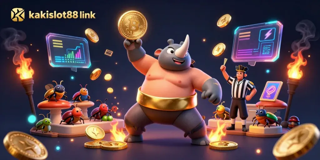 Menghentak batu badak sumo yang mengeluarkan koin emas dalam suasana kasino, kakislot88 link.
