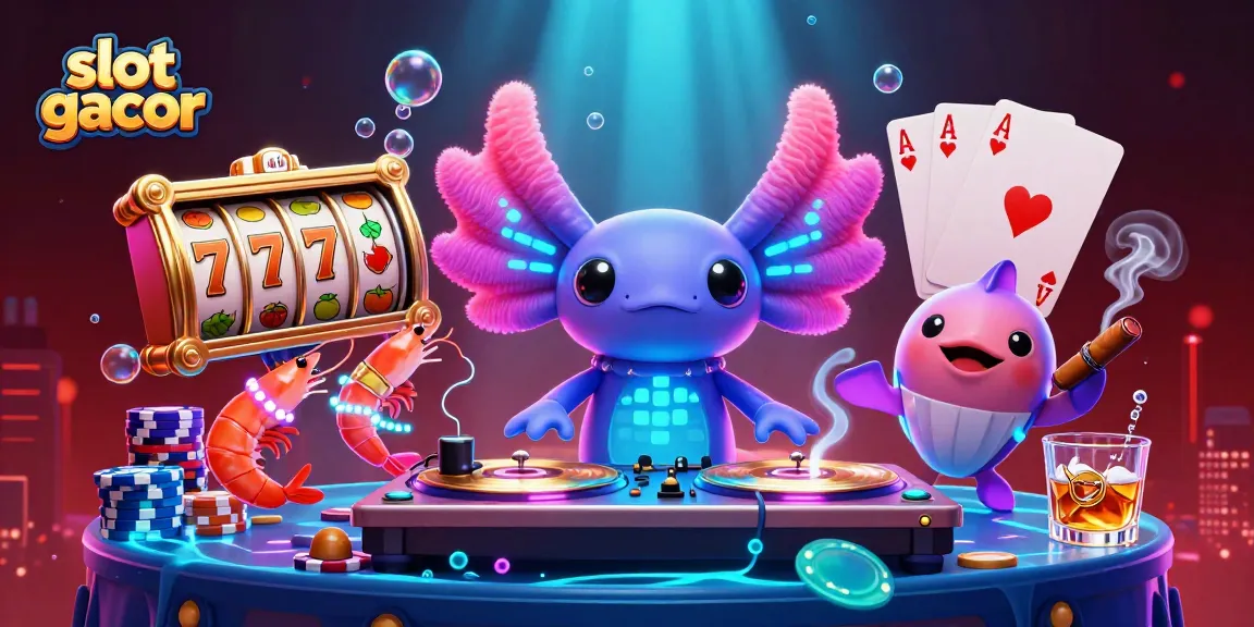 Slot gacor menarik perhatian pemain dengan DJ axolotl neon dan slot simbol berkilauan.