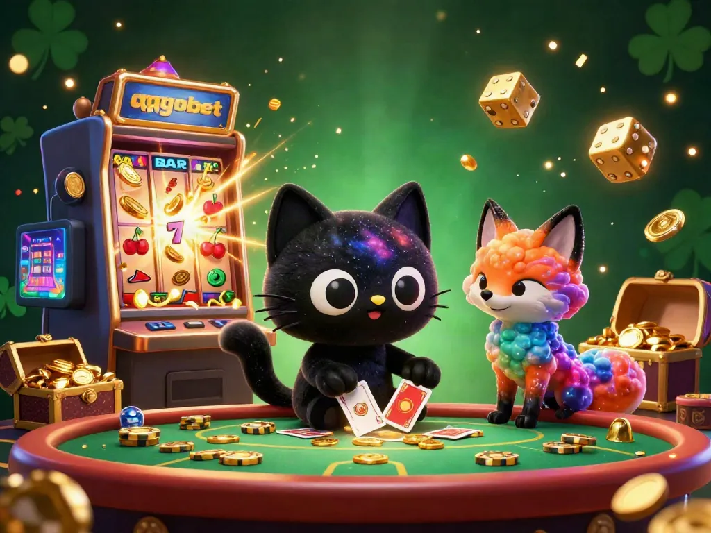Experience the thrill at qqgobet's cosmic casino with a black hole cat and colorful nebula fox.