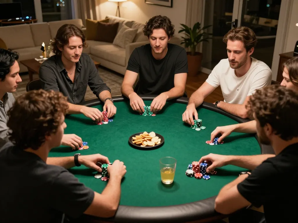Friends enjoying an intense poker game at home, showcasing camaraderie and competitive spirit in a cozy setting