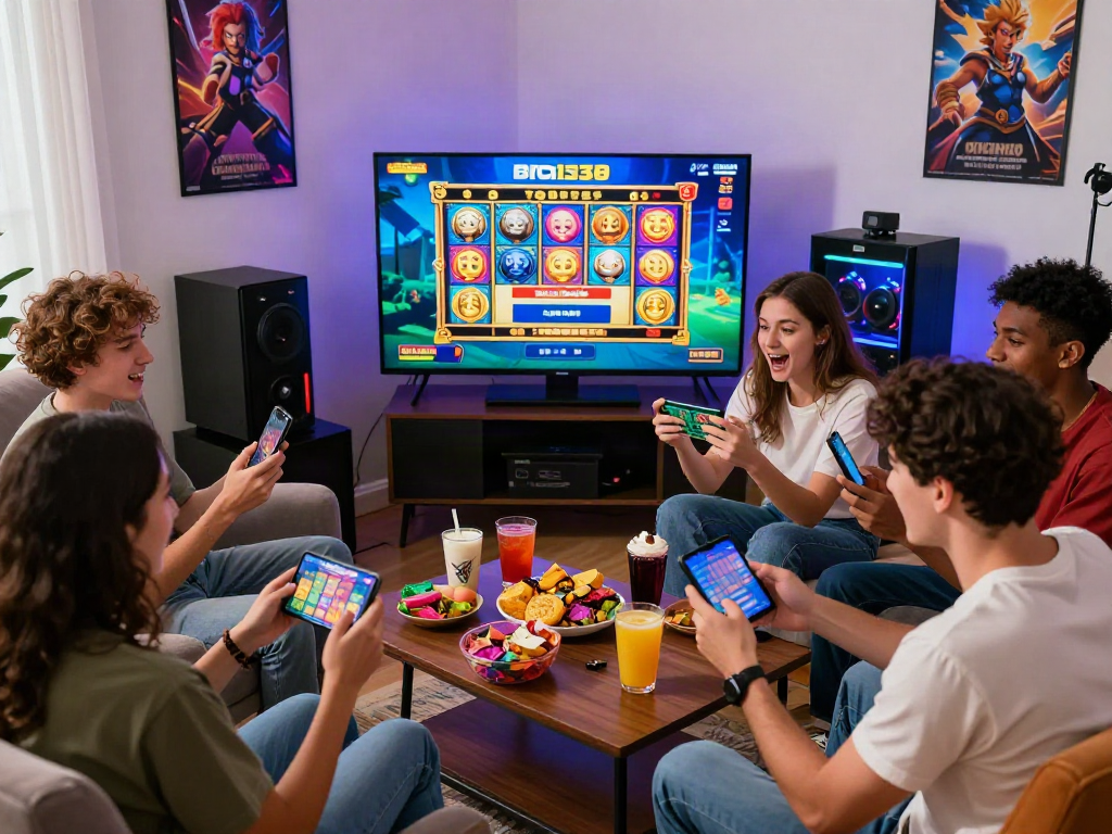 Engaged friends celebrating while using the bro138 slot login on their devices in a vibrant gaming room.