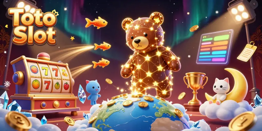 Slot Toto yang menyenangkan dengan beruang bintang, kucing bulan sabit, dan simbol jackpot di ruang kasino.