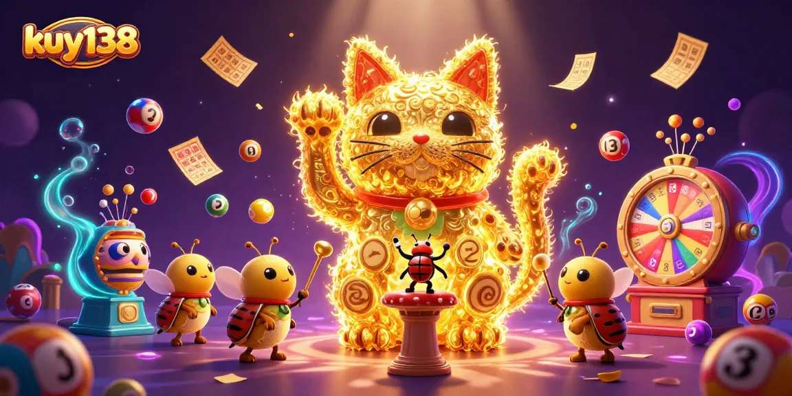 Kuy138 menarik banyak keberuntungan dengan kucing beruntung 3D yang dikelilingi bola lotere warna-warni.