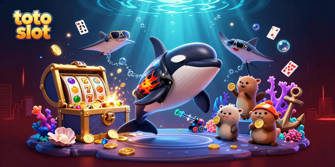 Mendapatkan jackpot di toto slot dengan orca kartun, stingray, dan keluarga berang-berang memegang koin emas.